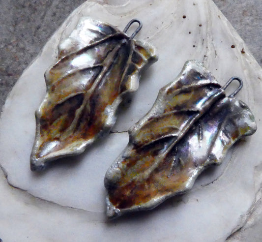 Ceramic Lustrous High Fired Snowy Leaf Charms - Golden Brown