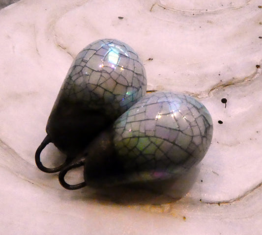 Porcelain Drops Earring Charms -Black Crackle and Mother of Pearl Lustre