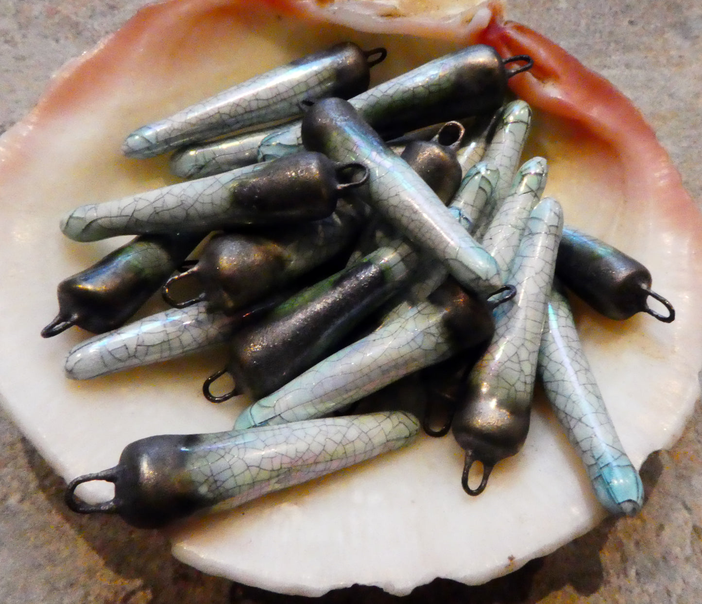 Porcelain Lustrous Spikes Earring Charms -Black Crackle and Mother of Pearl Lustre