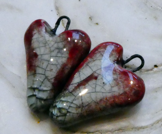 Ceramic Long Heart Earring Charms -Mottly Red and Crackle