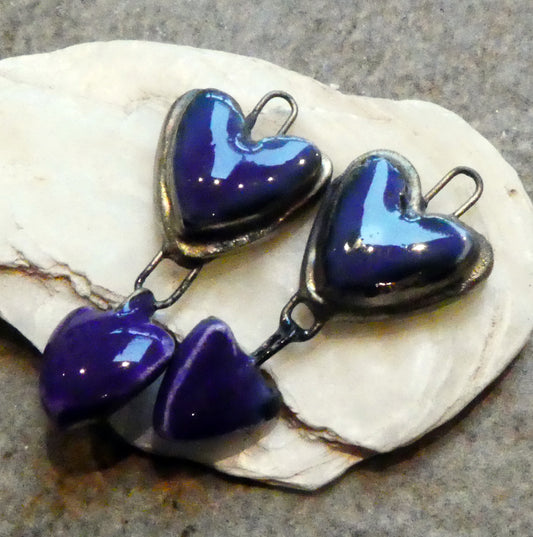 Ceramic Moulded Double Heart Dangles - Dark Purple