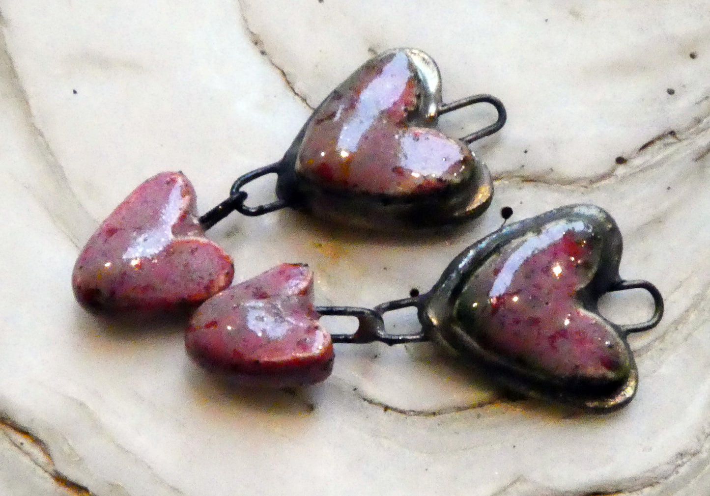 Ceramic Moulded Double Heart Dangles - Rose Quartz