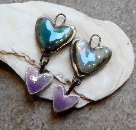 Ceramic Moulded Double Heart Dangles - Royal Amethyst