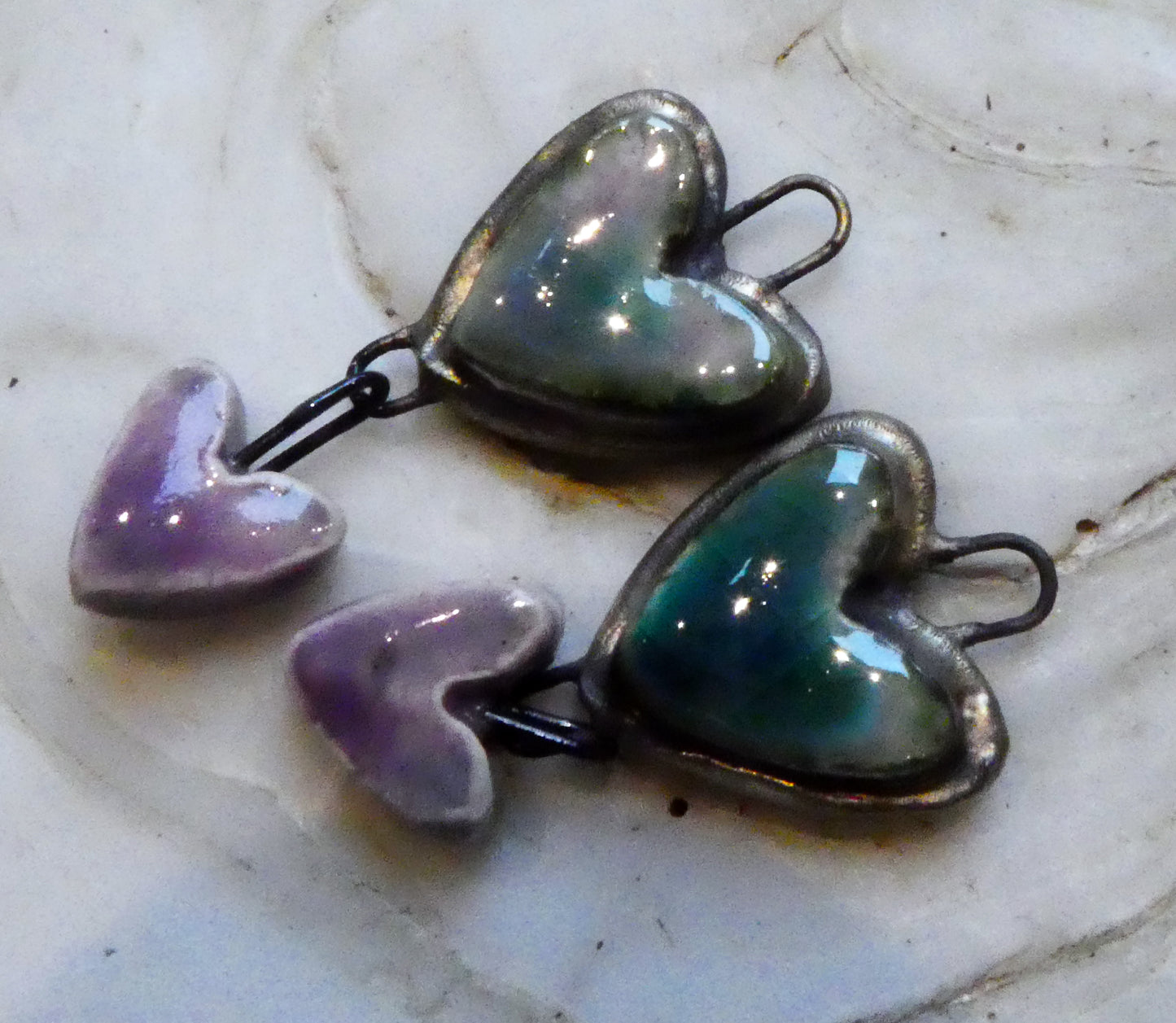 Ceramic Moulded Double Heart Dangles - Royal Amethyst