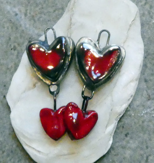 Ceramic Moulded Double Heart Dangles - Red