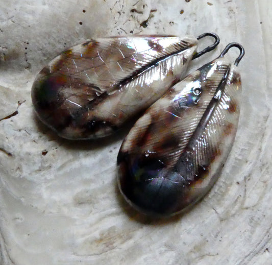 Ceramic Lustrous Feather Charms- Mottled Brown