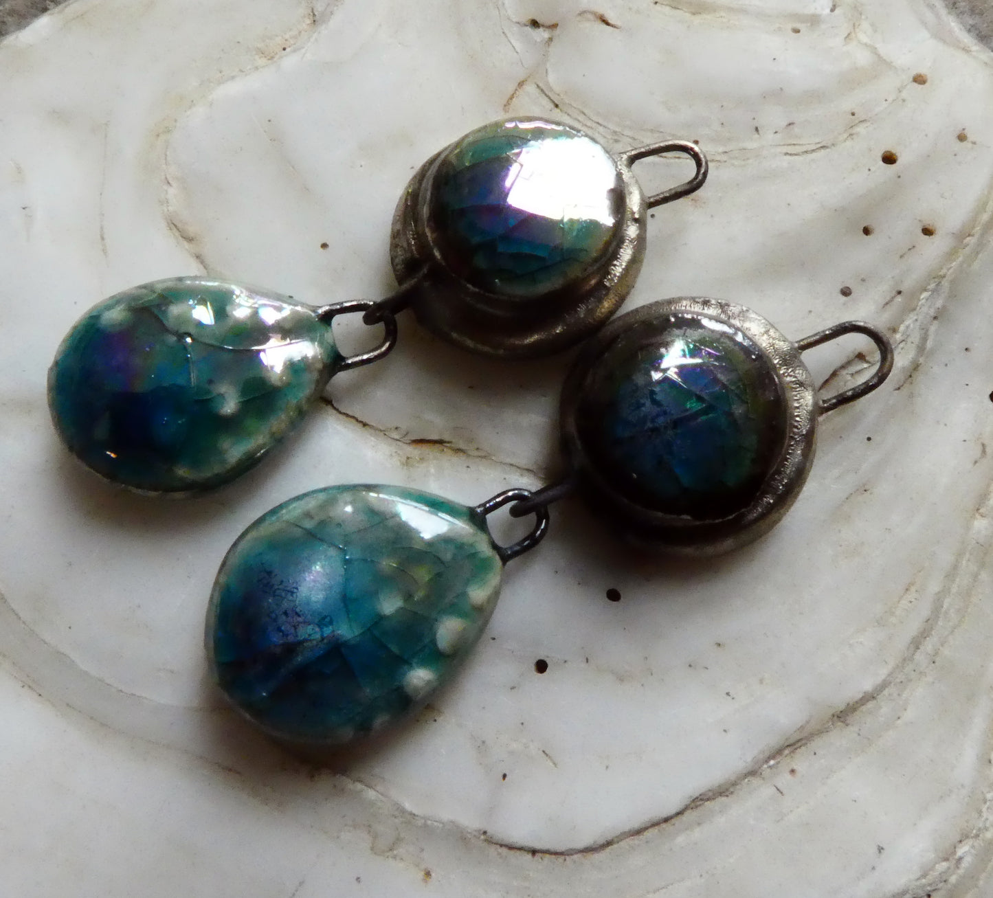 Ceramic Lustrous Moulded Disc and Urchin Dangles - Oriental Blue