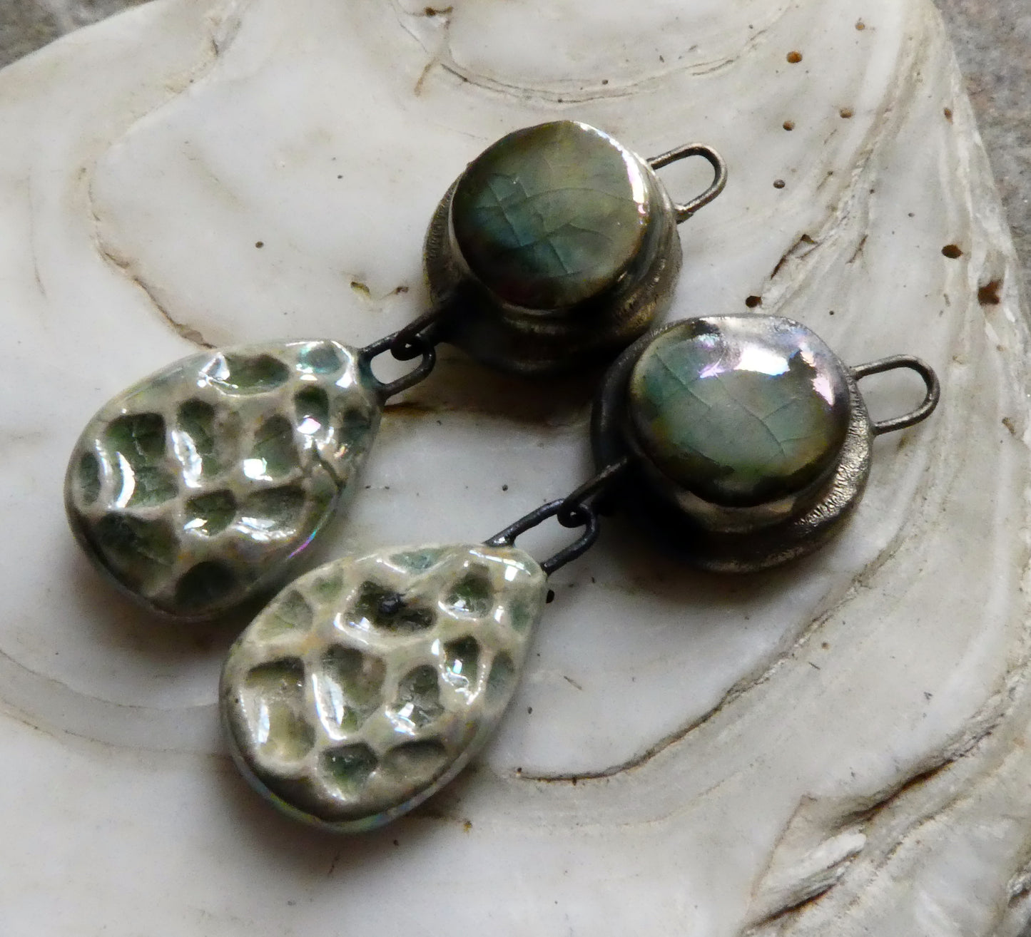 Ceramic Lustrous Moulded Disc and Seastone Dangles - Green Tea
