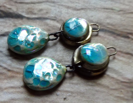 Ceramic Lustrous Moulded Disc and Seastone Dangles - Taunton Turquoise