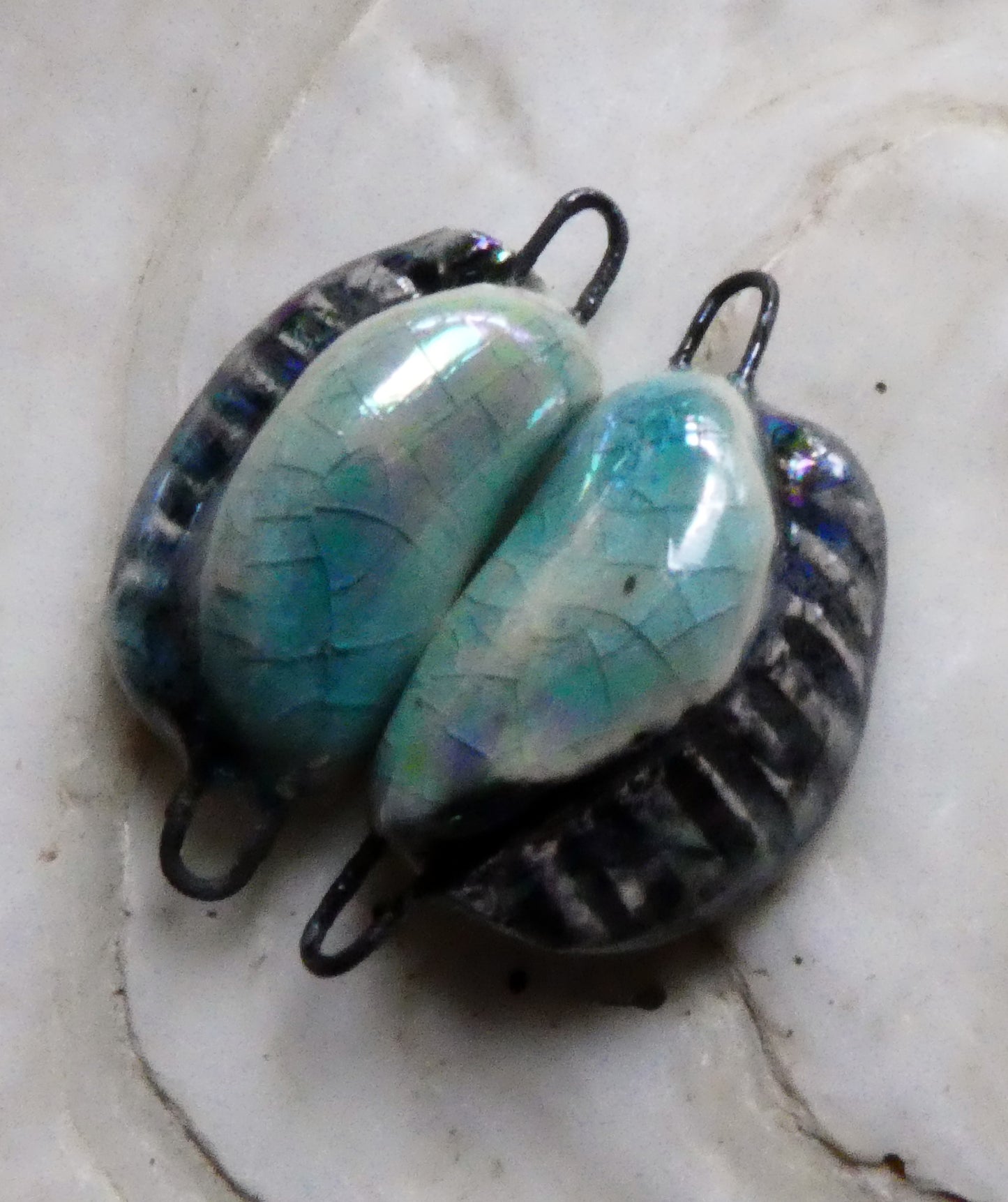 Ceramic Lustrous Black-Lipped Shell Earring Connectors - Egyptian Blue Crackle