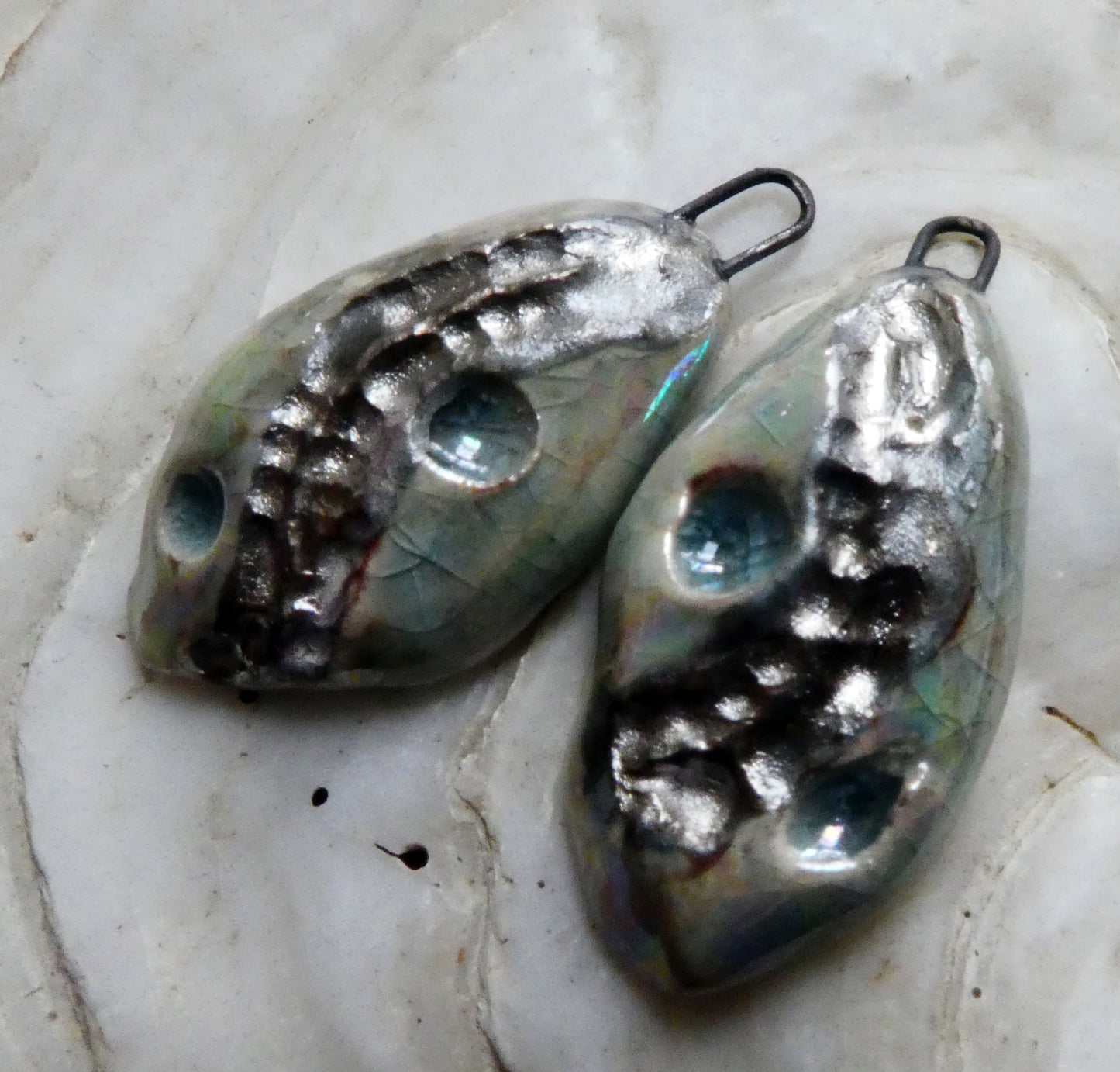 Ceramic Silvery Pebble Earring Charms - Water