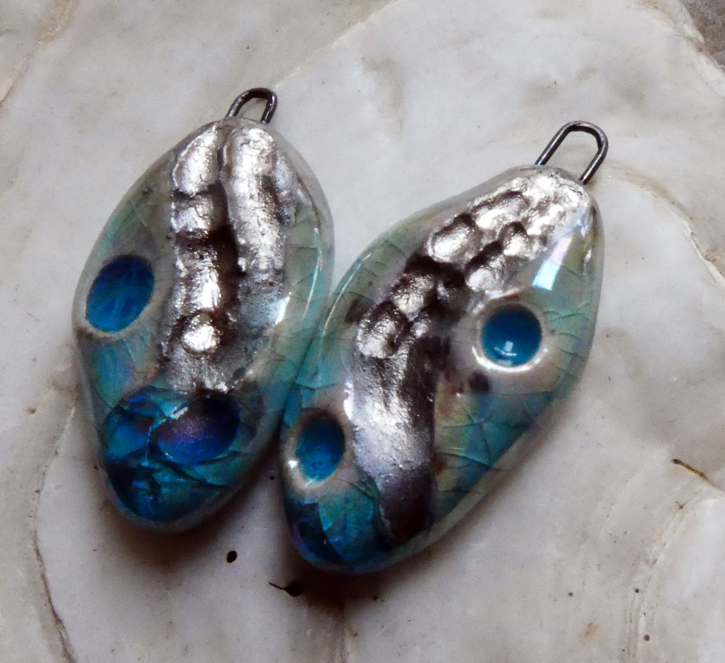 Ceramic Silvery Pebble Earring Charms - Turquoise Crackle