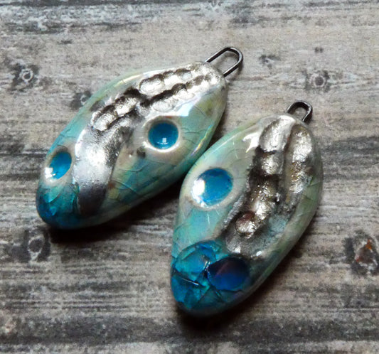Ceramic Silvery Pebble Earring Charms - Turquoise Crackle