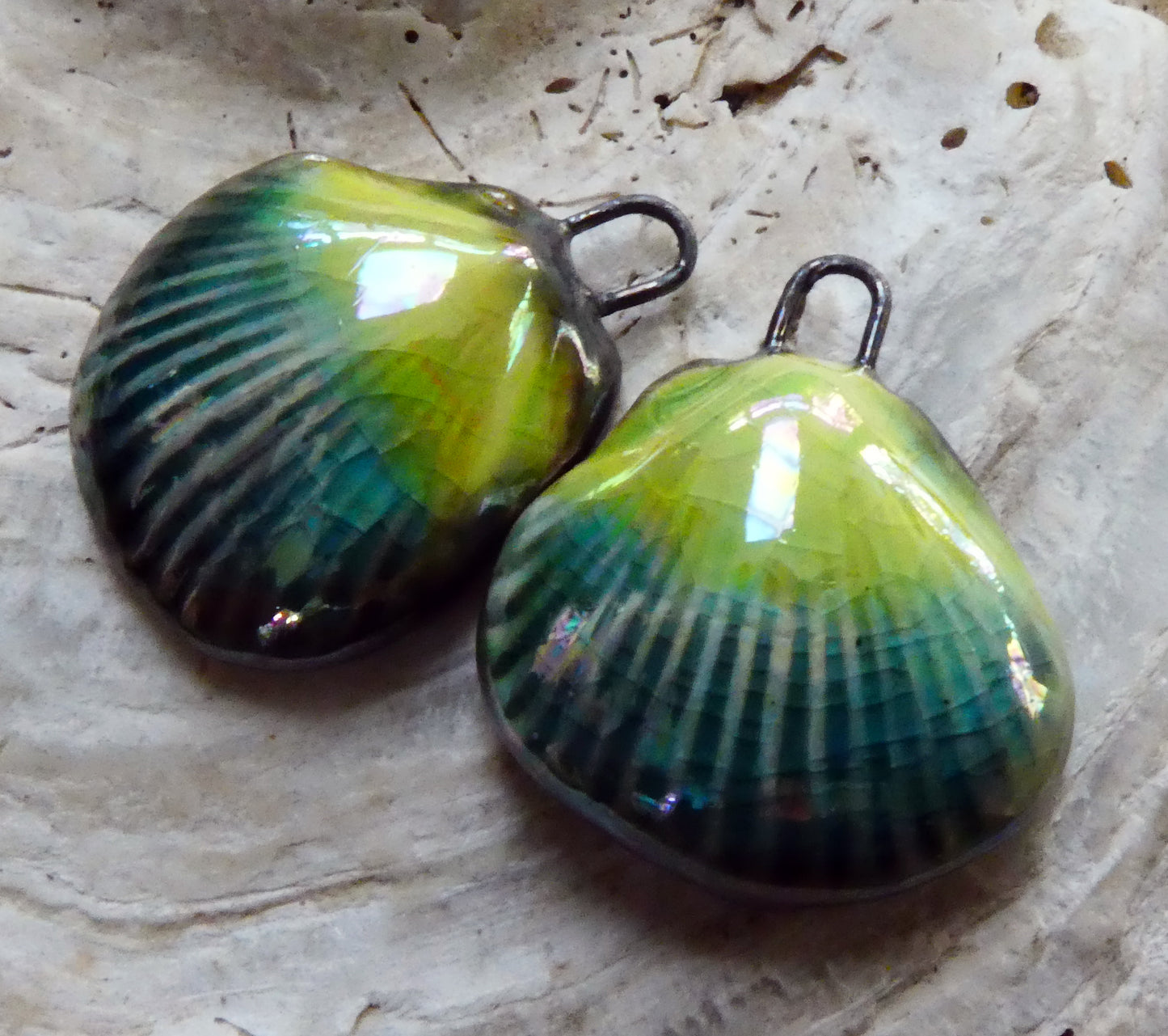 Ceramic Lustrous Scallop Shell Charms -Lime and Oriental Blue