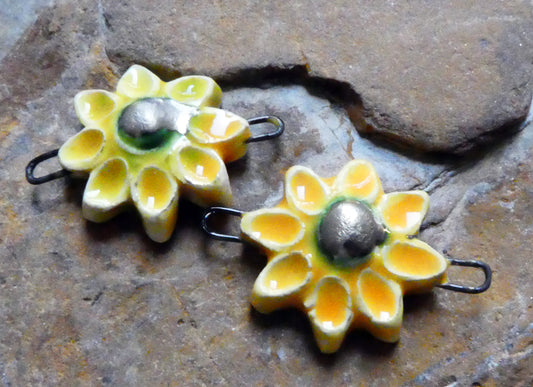 Ceramic Little Flower Earring Connectors - Yellow