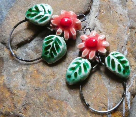Ceramic Leaf and Flower Hoopy Earring Charms - Watermelon