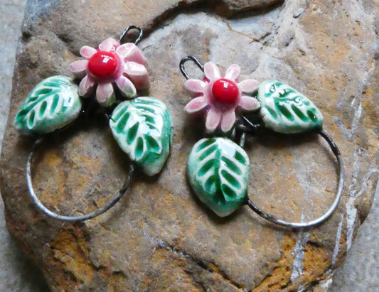 Ceramic Leaf and Flower Hoopy Earring Charms - Berry Tart