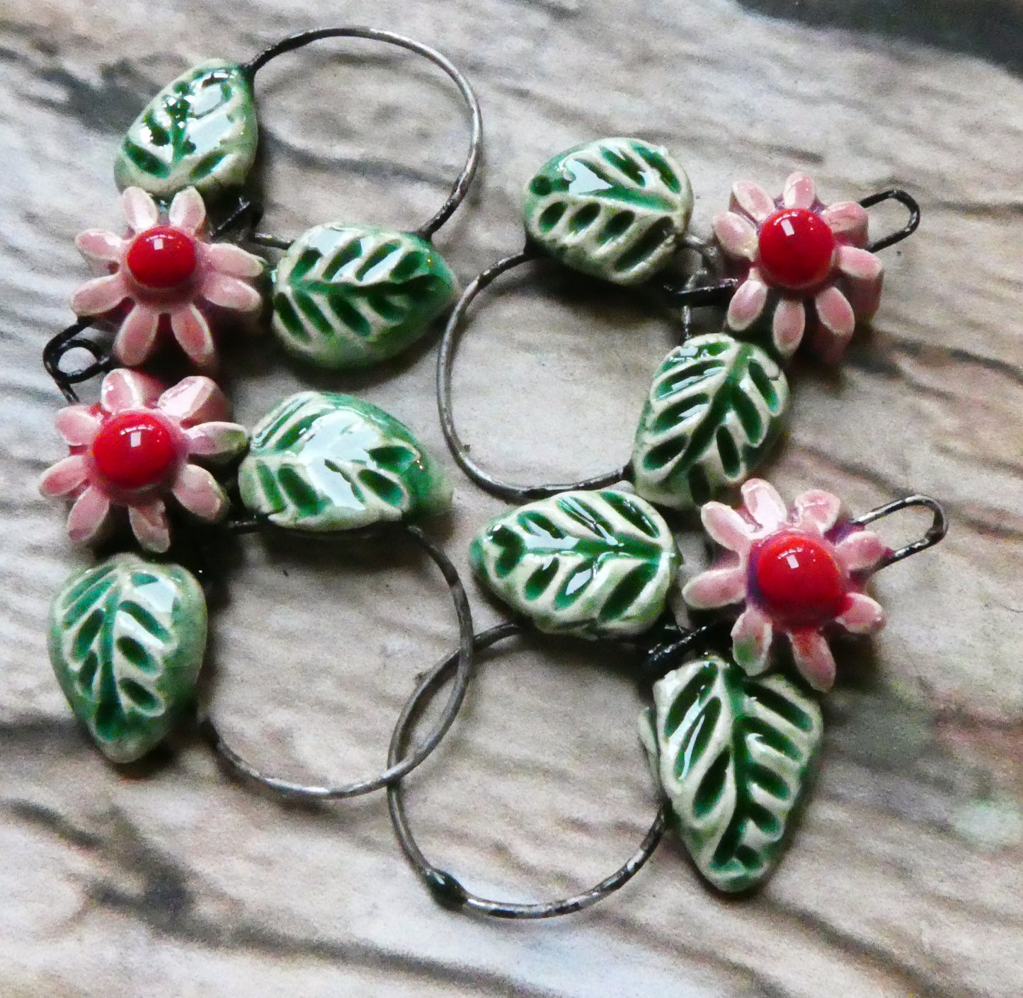 Ceramic Leaf and Flower Hoopy Earring Charms - Berry Tart