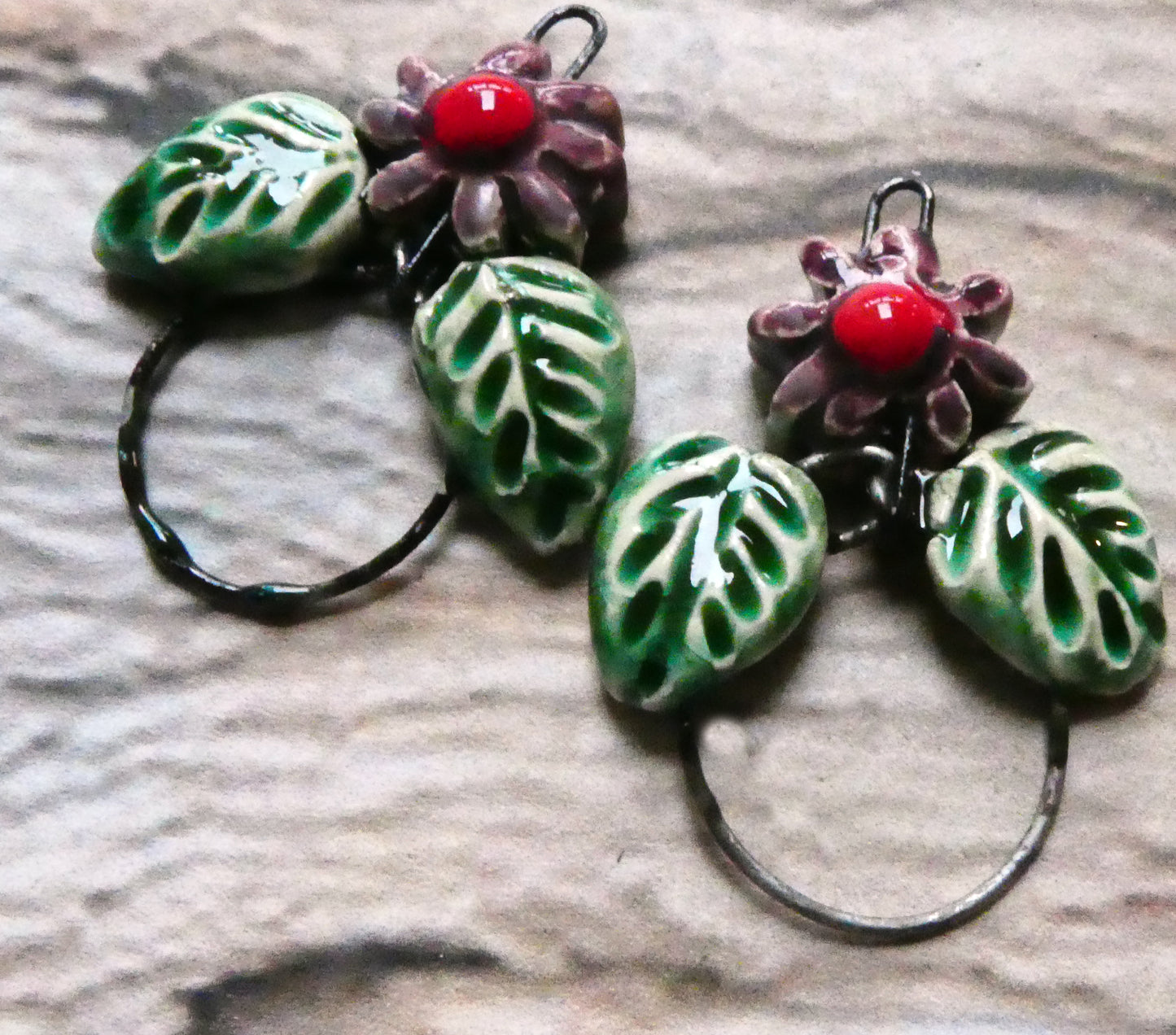 Ceramic Leaf and Flower Hoopy Earring Charms - Plum Jelly