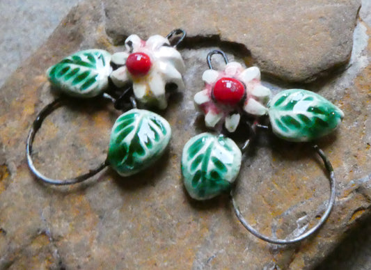 Ceramic Leaf and Flower Hoopy Earring Charms - Poppy Fields