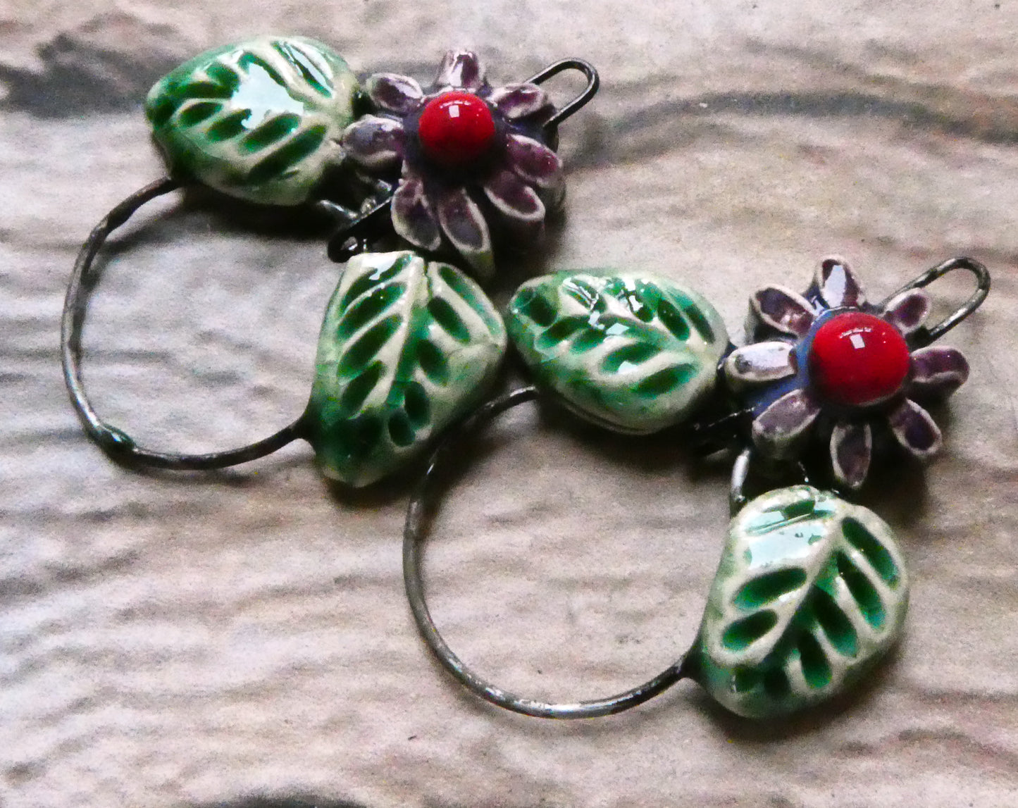 Ceramic Leaf and Flower Hoopy Earring Charms - Royal Fantasy