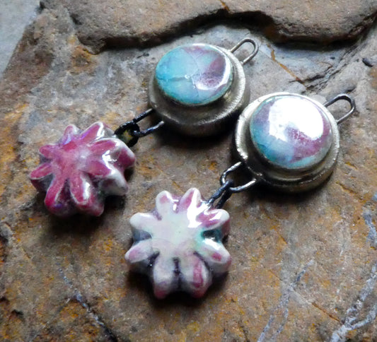 Ceramic Lustrous Moulded Disc and Flower Dangles #1 - Tickled Pink