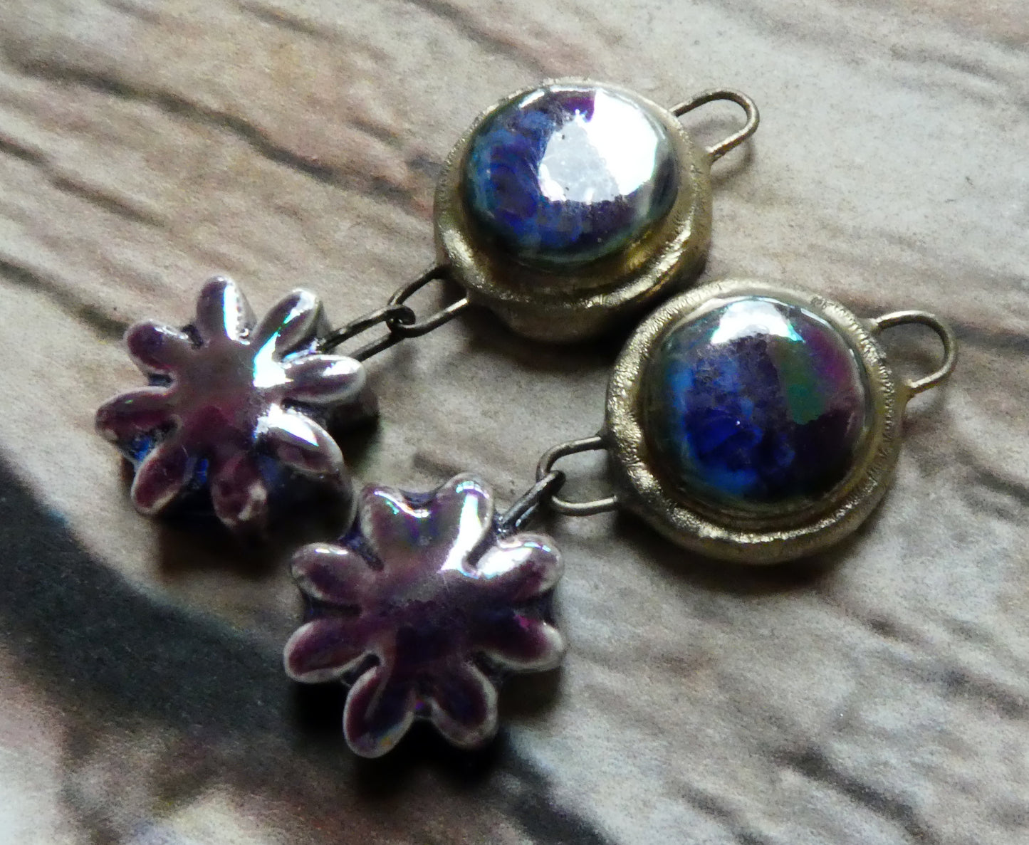 Ceramic Lustrous Moulded Disc and Flower Dangles #1 -Royal Fantasy