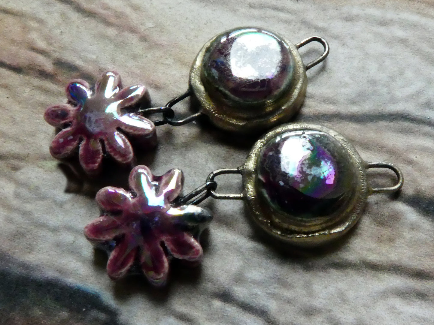 Ceramic Lustrous Moulded Disc and Flower Dangles #1 -Plum Jelly