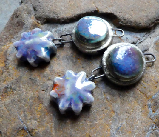 Ceramic Lustrous Moulded Disc and Flower Dangles #1 -Floral Fantasy