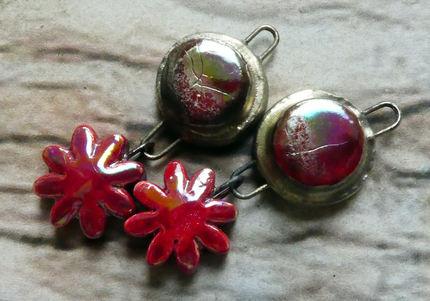 Ceramic Lustrous Moulded Disc and Flower Dangles #1 -Red