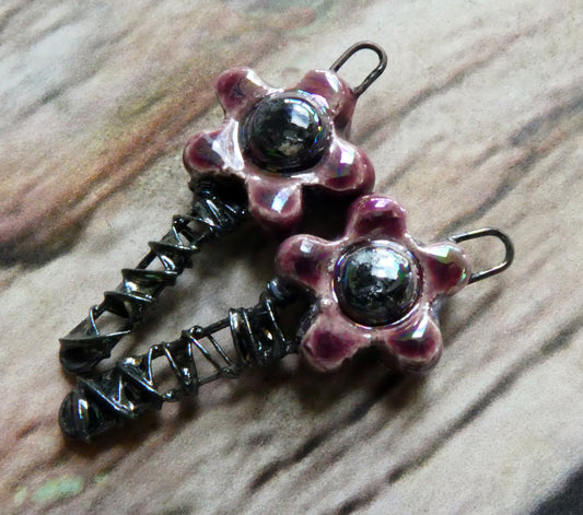 Ceramic Lustrous Wire Wrapped Flower Charms - Plum Jelly