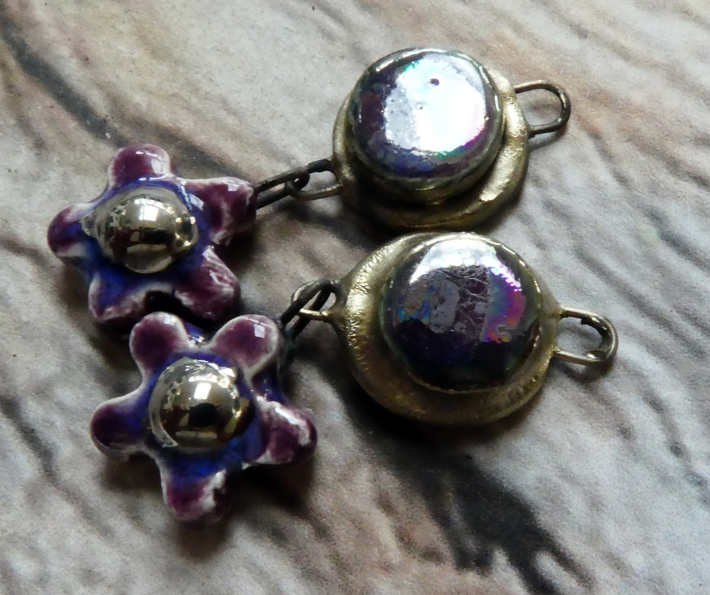 Ceramic Lustrous Moulded Disc and Flower Dangles #2 - Royal Fantasy