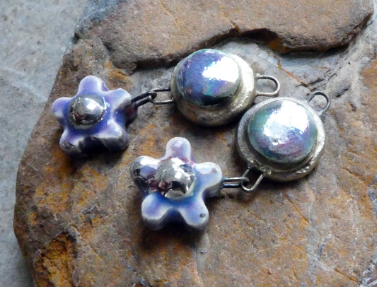 Ceramic Lustrous Moulded Disc and Flower Dangles #2 - Floral Fantasy