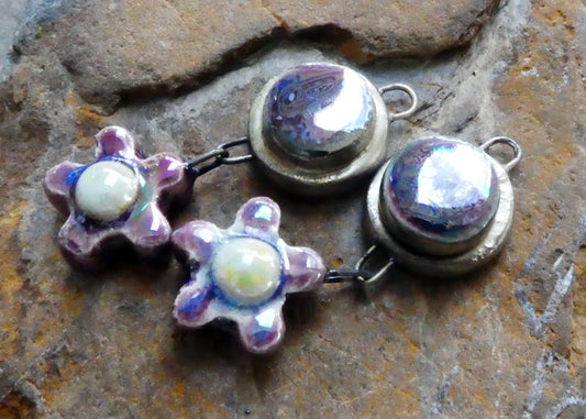 Ceramic Lustrous Moulded Disc and Flower Dangles #2 - Plum Jelly