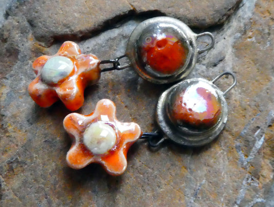 Ceramic Lustrous Moulded Disc and Flower Dangles #2 -Wildfire