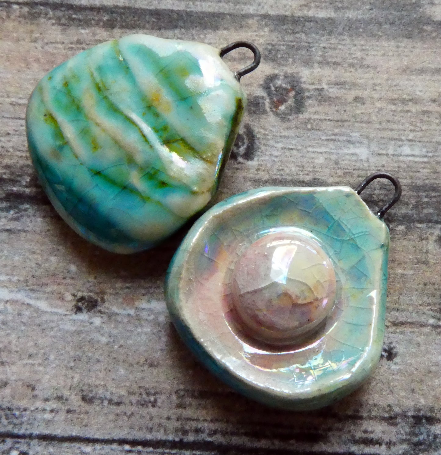 Ceramic Lustrous Layered Oyster Shell Charms -Taunton Turquoise