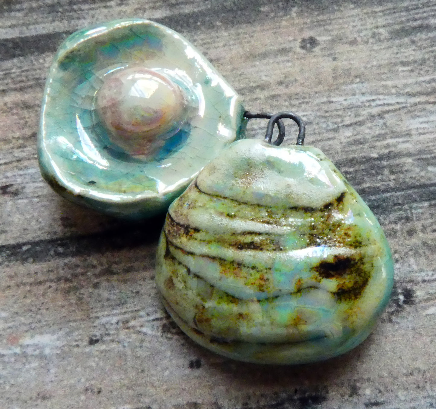 Ceramic Lustrous Layered Oyster Shell Charms -Turquoise Crackle