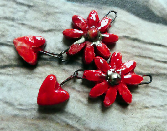 Ceramic Flower and Heart Dangles - Red