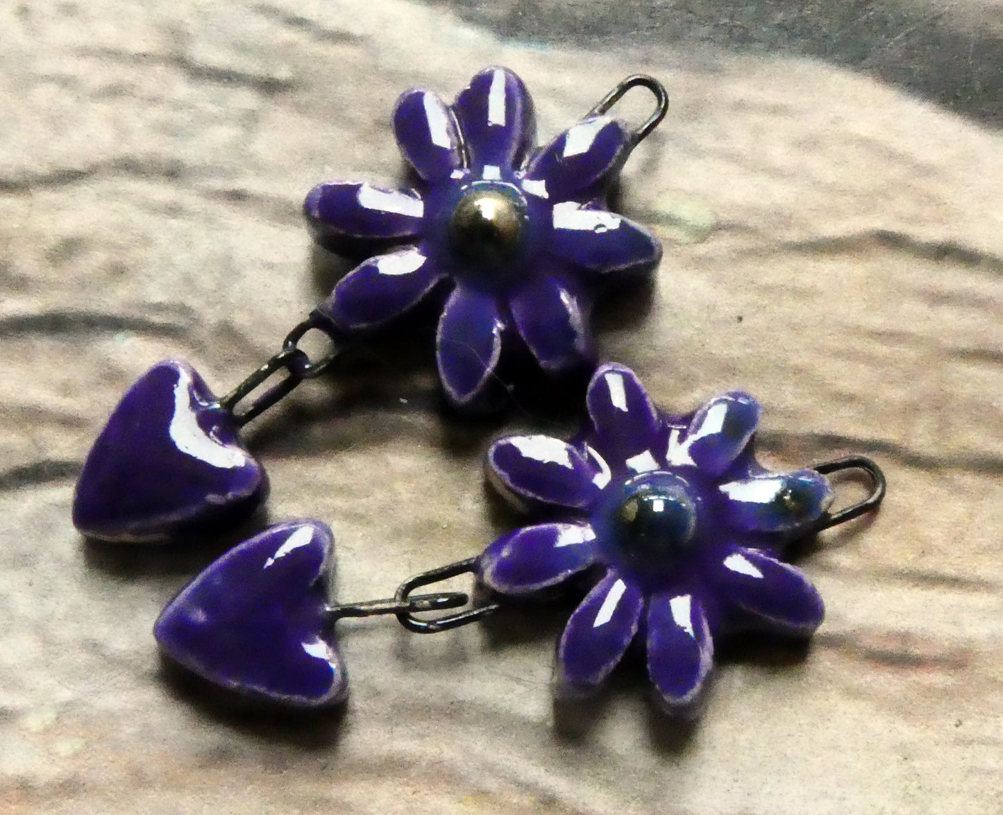 Ceramic Flower and Heart Dangles - Dark Purple