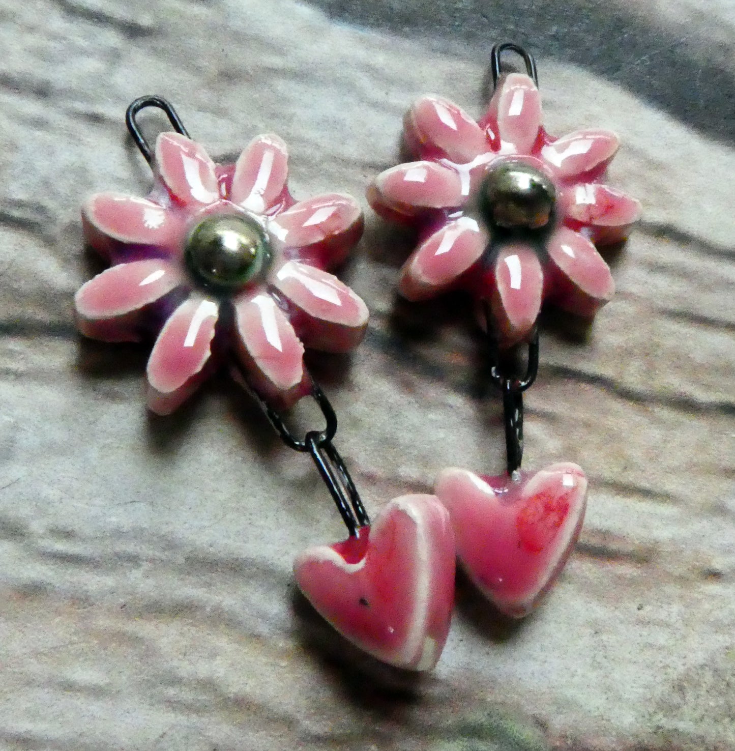 Ceramic Flower and Heart Dangles - Berry Tart