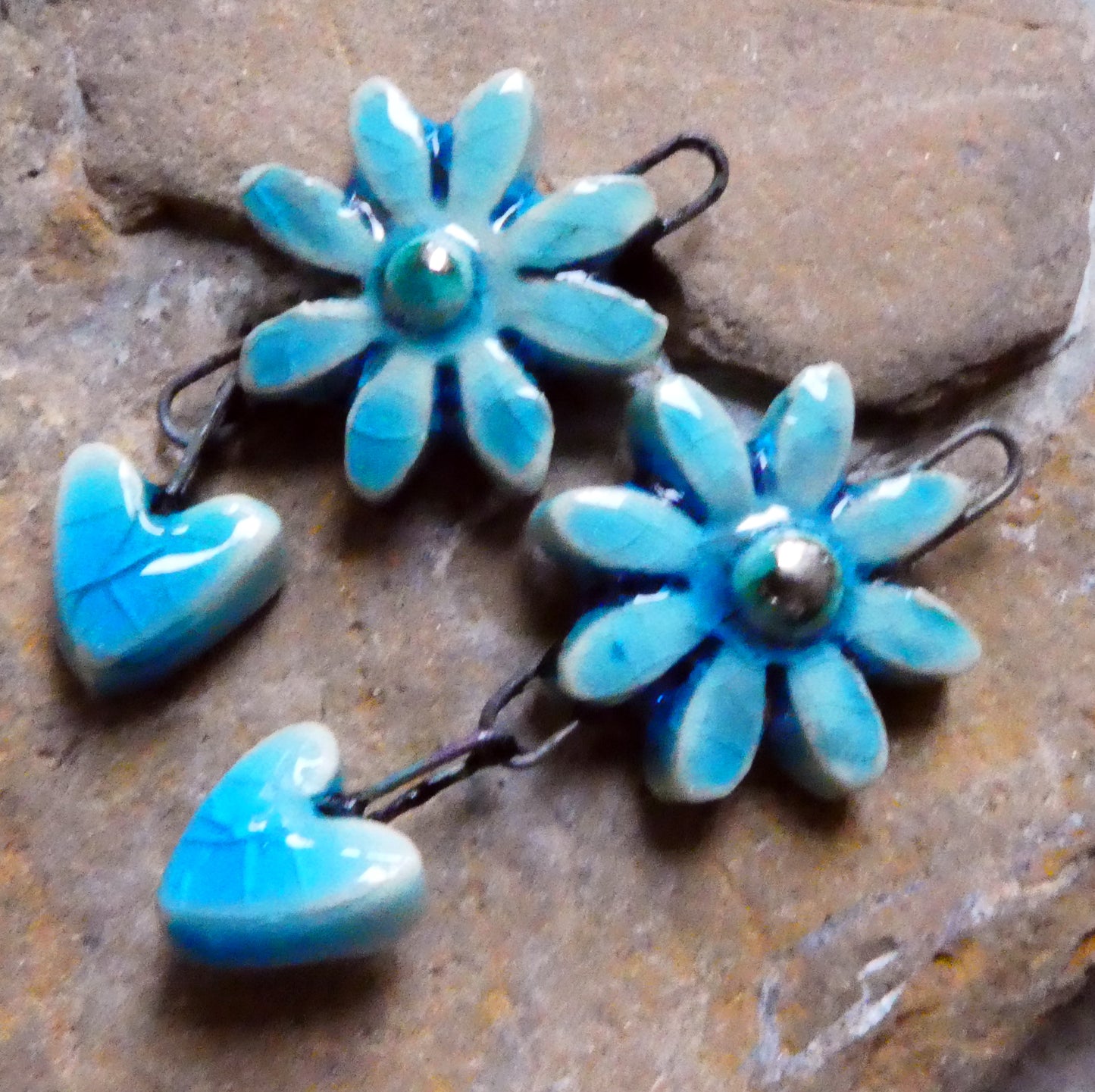 Ceramic Flower and Heart Dangles - Taunton Turquoise