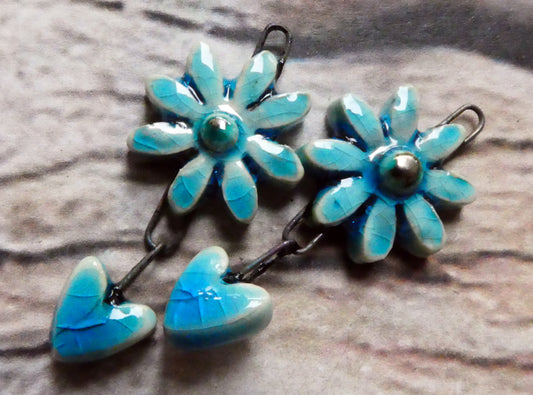 Ceramic Flower and Heart Dangles - Taunton Turquoise