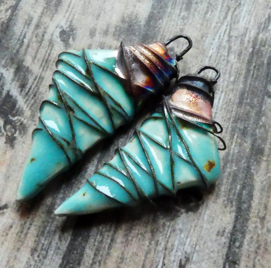 Ceramic Wire Wrapped Stone Cut Charms - Blue Guppy