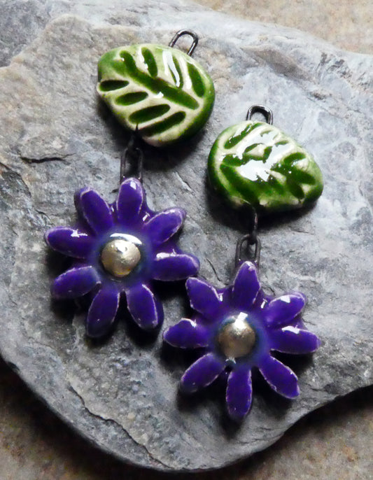 Ceramic Flower and Leaf Dangles - Dark Purple