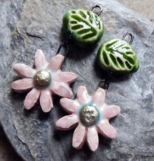 Ceramic Flower and Leaf Dangles - Pink Plum
