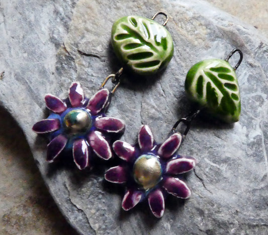Ceramic Flower and Leaf Dangles - Royal Fantasy