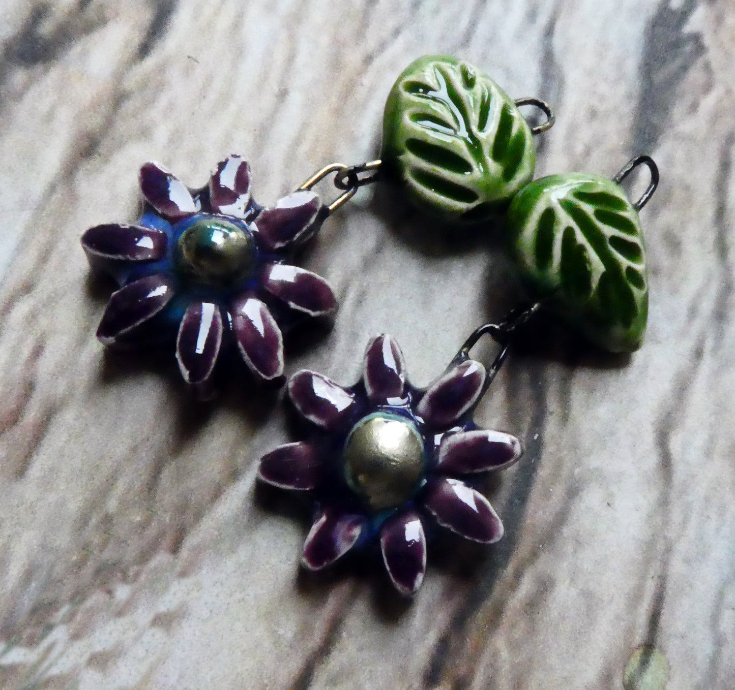 Ceramic Flower and Leaf Dangles - Royal Fantasy