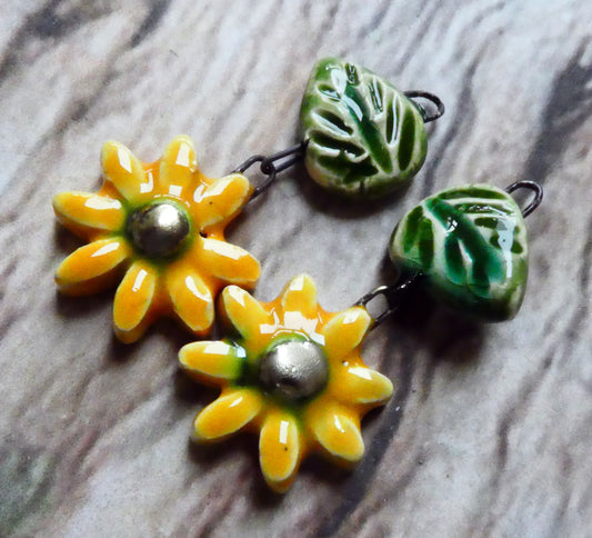 Ceramic Flower and Leaf Dangles - Yellow