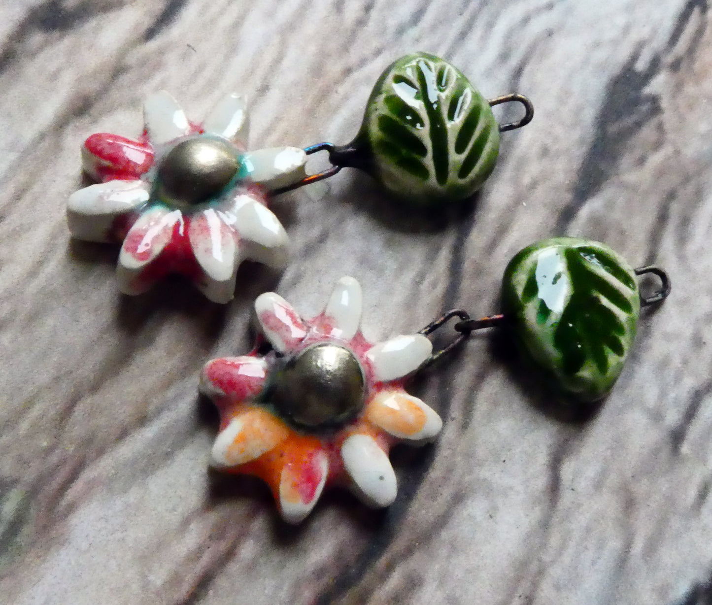 Ceramic Flower and Leaf Dangles - Poppy Fields