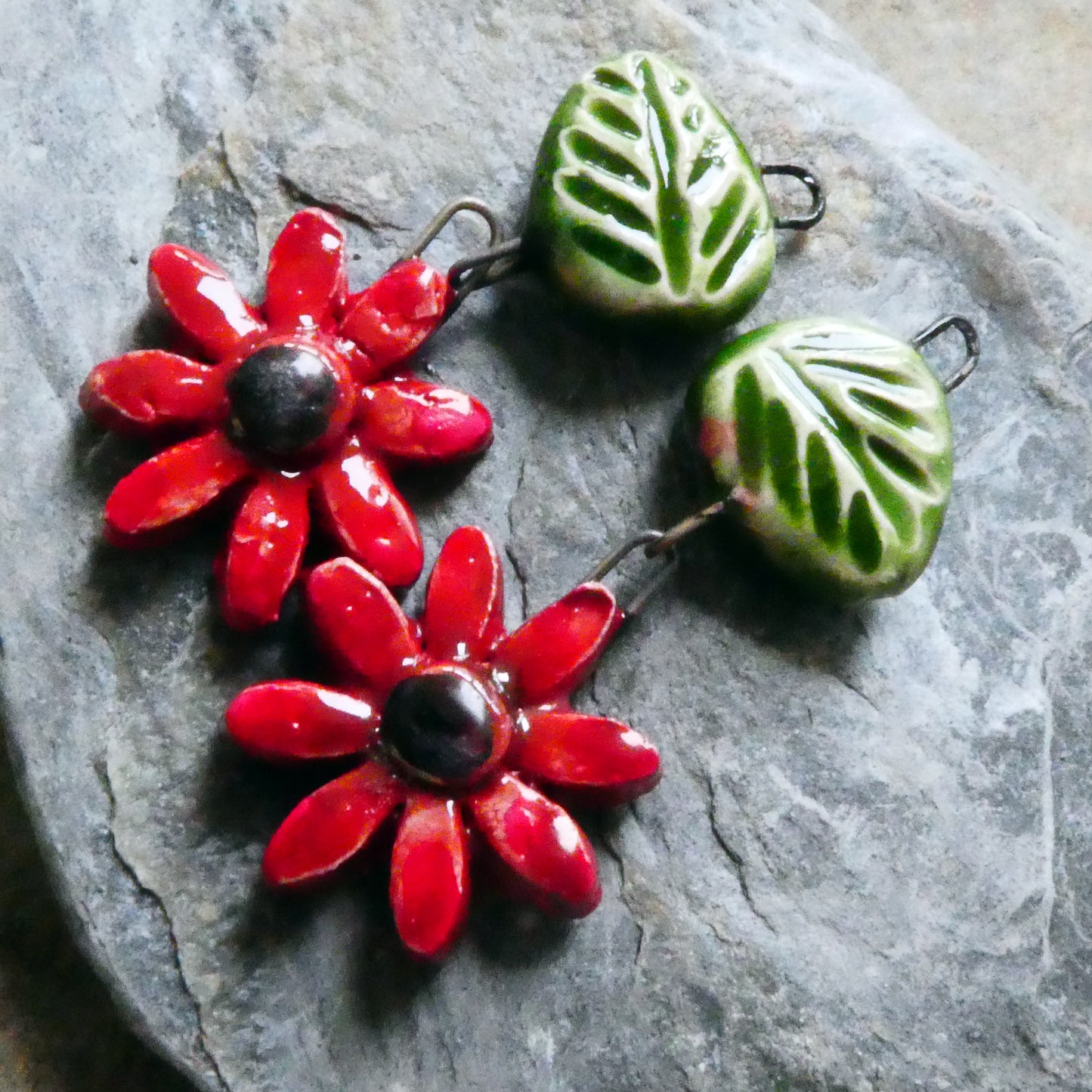 Ceramic Flower and Leaf Dangles - Red